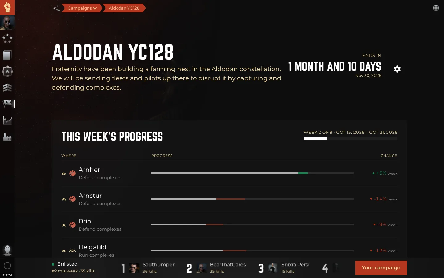 A campaign page: this week's progress per system, each with its goal and its move this week, and the enlist bar at the bottom.
