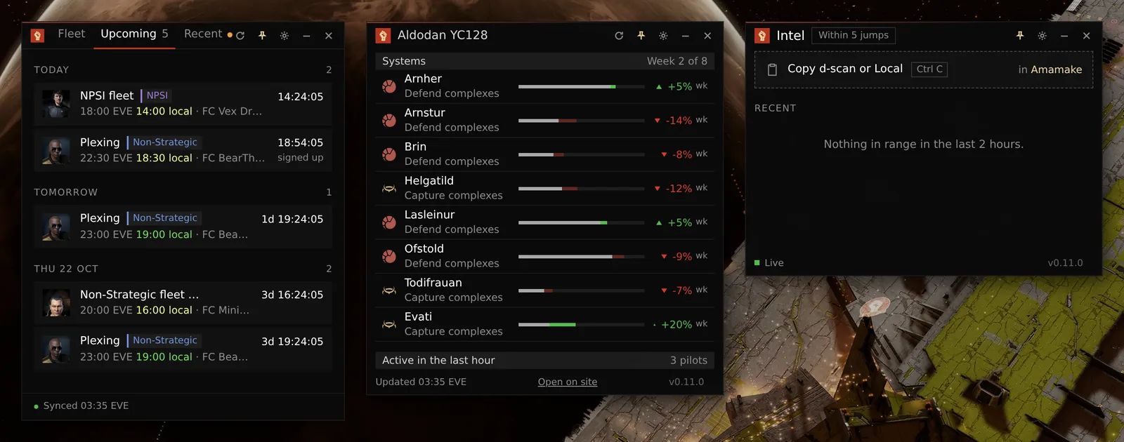 Three overlay windows over an EVE scene: the Fleet window's Upcoming tab with this week's fleets, the Aldodan campaign's eight systems and their weekly moves, and the Intel window ready for a paste.