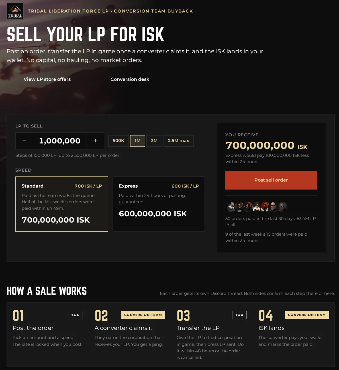 The LP sell page: pick an amount, choose Standard or Express, and see your payout.